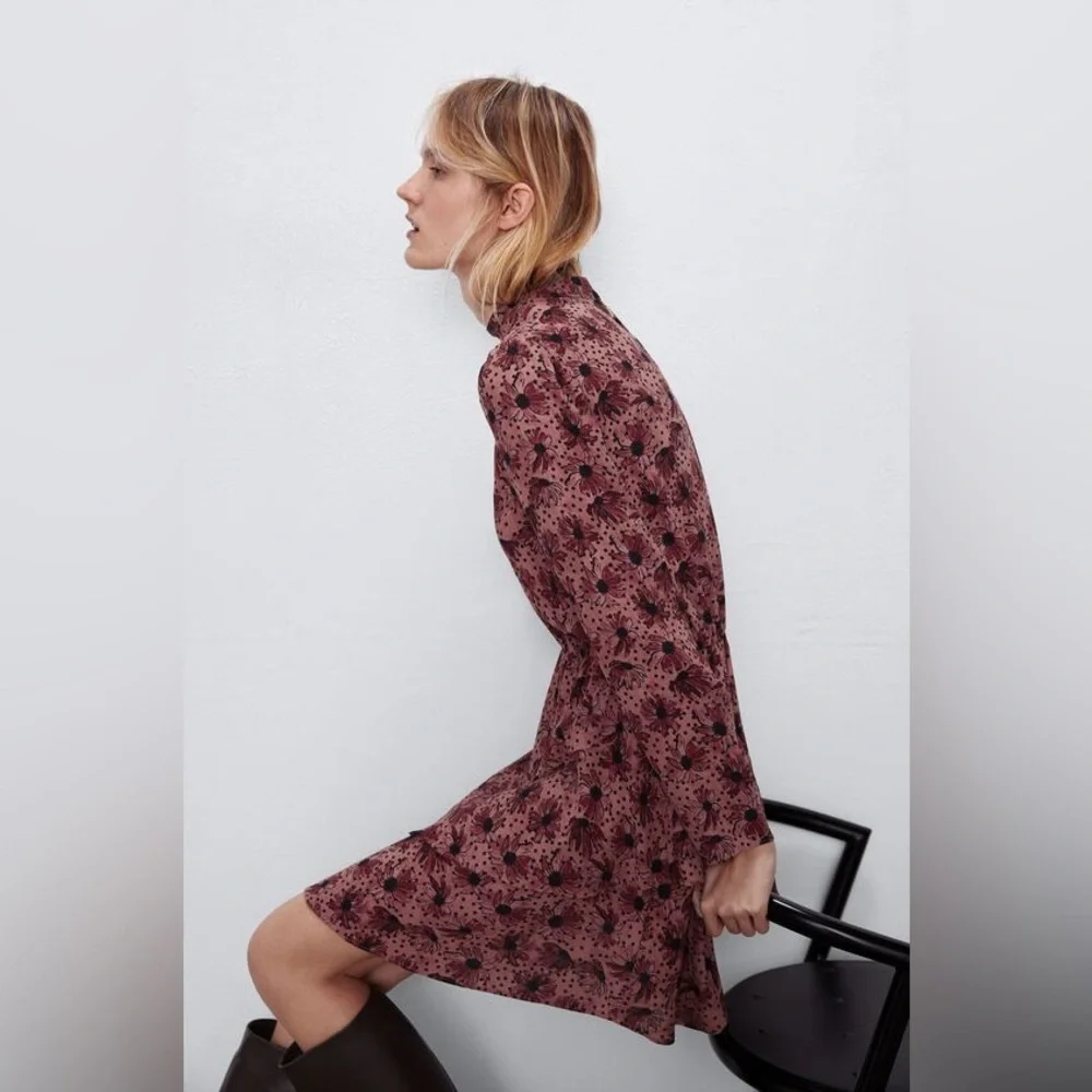 Zara Ruffled Print Marsala Dress - Size XS - Picture 4 of 13